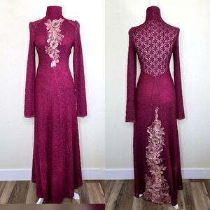 Free People White River Maxi Dress Burgundy Lace High neck Floral Applique Med